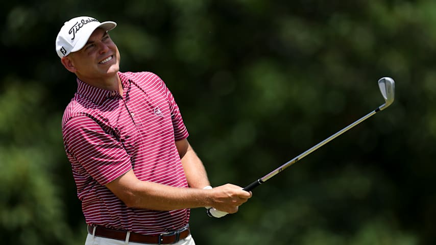 Bill Haas reacts to a tee shot on the 13th hole during the second round of the ISCO Championship 2025 at Hurstbourne Country Club on July 11, 2025 in Louisville, Kentucky. (Andy Lyons/Getty Images)