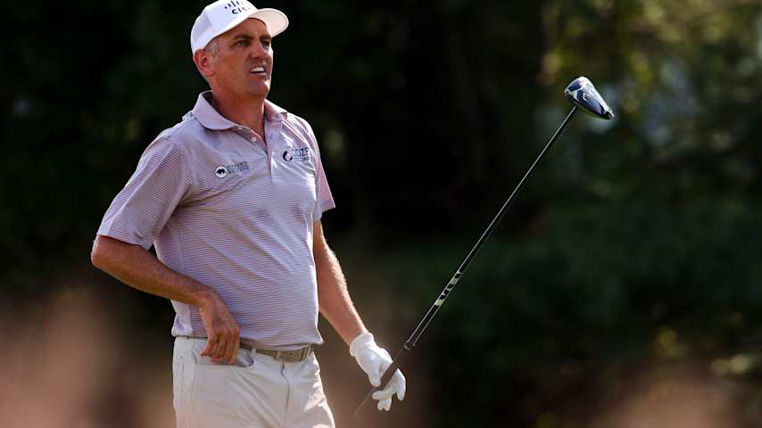 Brendon Todd of the United States watches a tee shot on the 18th hole during the second round of the Biltmore Championship Asheville 2026 at The Cliffs at Walnut Cove on September 18, 2026 in Arden, North Carolina. (David Jensen/Getty Images)