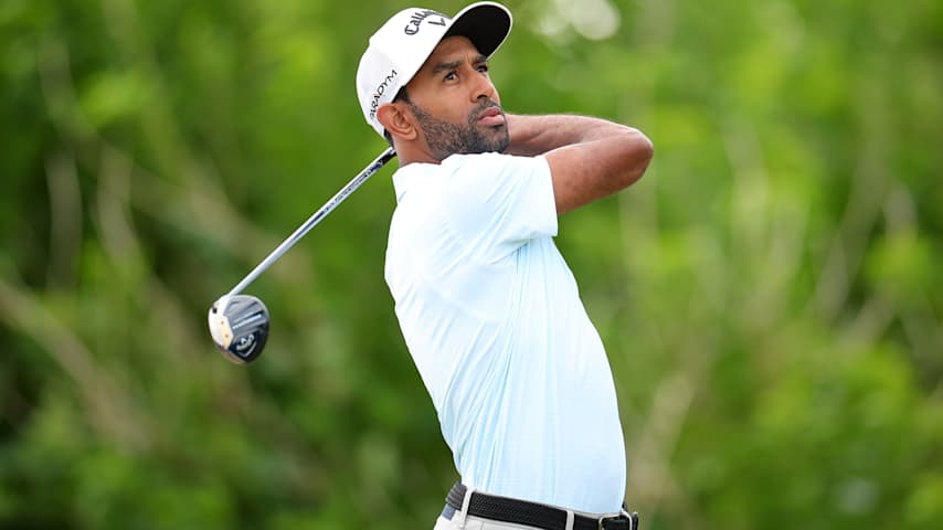 Camiko Smith of Bermuda plays his shot from the fourth tee during the second round of the Butterfield Bermuda Championship 2024 at Port Royal Golf Course on November 15, 2024 in Southampton, Bermuda. (Alex Slitz/Getty Images)