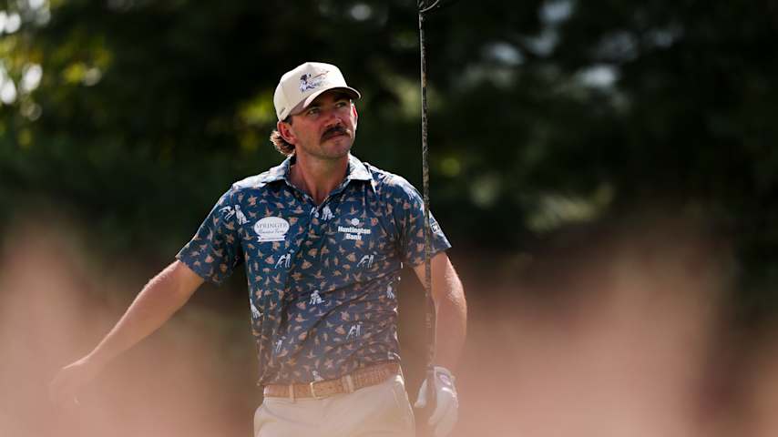 Chandler Phillips of the United States hits a tee shot on the 18th hole during the second round of the Biltmore Championship Asheville 2026 at The Cliffs at Walnut Cove on September 18, 2026 in Arden, North Carolina. (David Jensen/Getty Images)