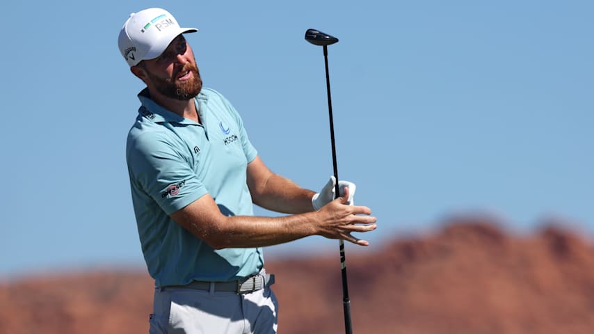 Chris Kirk of the United States plays his shot from the fourth tee during the final round of the Bank of Utah Championship 2026 at Black Desert Resort on October 04, 2026 in Ivins, Utah. (Sean M. Haffey/Getty Images)