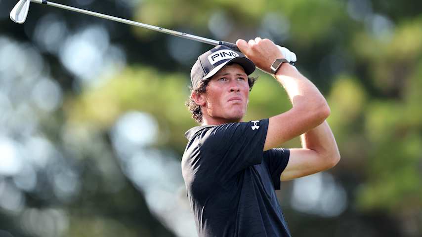 Christo Lamprecht of South Africa plays his shot from the 16th tee during the first round of the Wyndham Championship 2026 at Sedgefield Country Club on August 06, 2026 in Greensboro, North Carolina. (Caleb Bowlin/Getty Images)