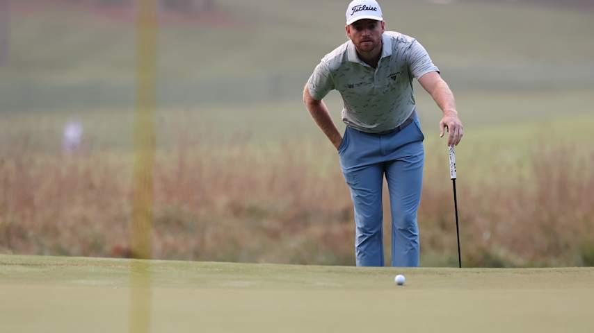 Danny Walker of the United States lines up a putt on the first green during the second round of the Wyndham Championship 2026 at Sedgefield Country Club on August 07, 2026 in Greensboro, North Carolina. (David Jensen/Getty Images)