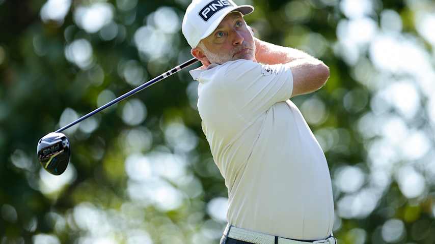 David Skinns of England hits a tee shot on the sixth hole during the second round of the Biltmore Championship Asheville 2026 at The Cliffs at Walnut Cove on September 18, 2026 in Arden, North Carolina. (Alex Slitz/Getty Images)
