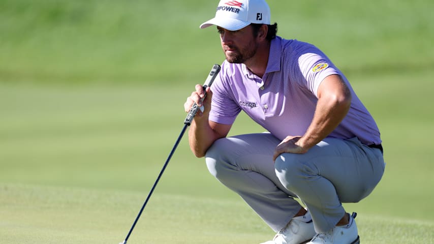 Davis Riley of the United States lines up a putt on the seventh green during the first round of the Bank of Utah Championship 2026 at Black Desert Resort on October 01, 2026 in Ivins, Utah. (Sean M. Haffey/Getty Images)