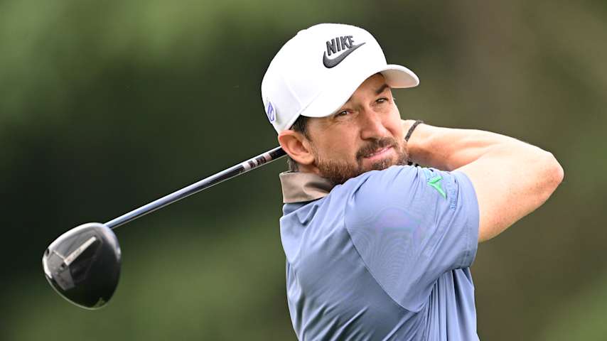 Greg Koch of the United States, Corebridge Financial Team of PGA of America Golf Professionals, hits a tee shot on the ninth hole prior to the PGA Championship at Quail Hollow Country Club on May 14, 2025 in Charlotte, North Carolina. (Ross Kinnaird/Getty Images)