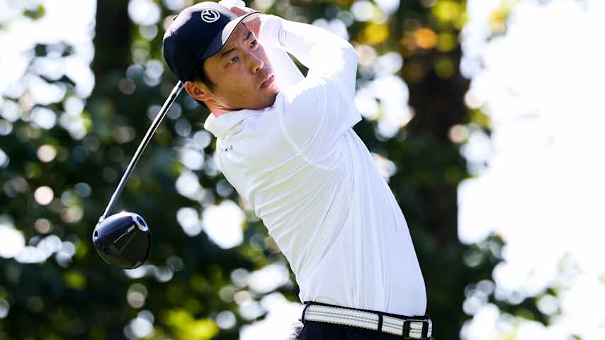 Jeffrey Kang of the United States hits a tee shot on the sixth hole during the first round of the Biltmore Championship Asheville 2026 at The Cliffs at Walnut Cove on September 17, 2026 in Arden, North Carolina. (David Jensen/Getty Images)
