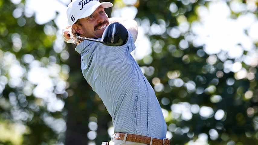 Jimmy Stanger of the United States hits a tee shot on the sixth hole during the first round of the Biltmore Championship Asheville 2026 at The Cliffs at Walnut Cove on September 17, 2026 in Arden, North Carolina. (David Jensen/Getty Images)