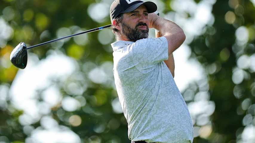 John Parry of England hits a tee shot on the sixth hole during the third round of the Biltmore Championship Asheville 2026 at The Cliffs at Walnut Cove on September 19, 2026 in Arden, North Carolina. (Alex Slitz/Getty Images)