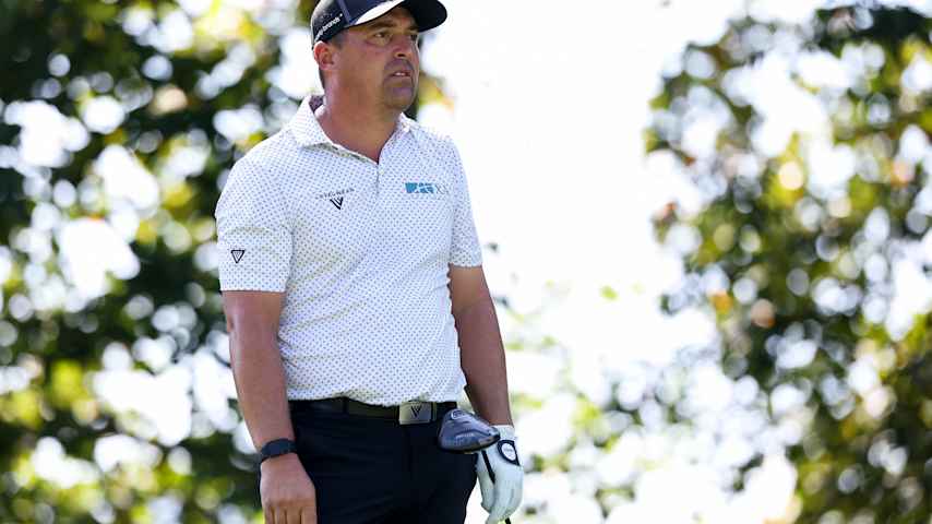 Justin Lower of the United States reacts to a tee shot on the sixth hole during the first round of the Biltmore Championship Asheville 2026 at The Cliffs at Walnut Cove on September 17, 2026 in Arden, North Carolina. (David Jensen/Getty Images)