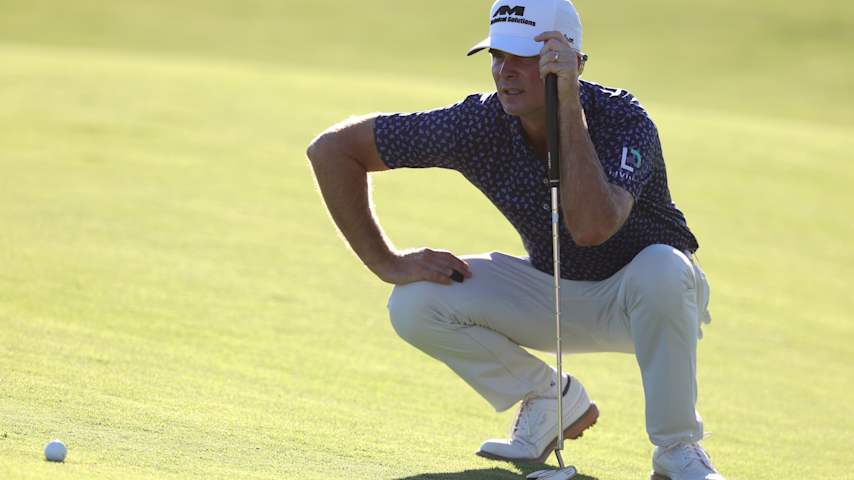 Kevin Streelman of the United States lines up a putt on the 18th green during the final round of the Bank of Utah Championship 2026 at Black Desert Resort on October 04, 2026 in Ivins, Utah. (Sean M. Haffey/Getty Images)