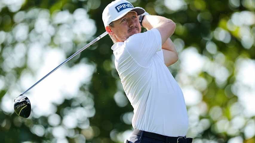 Mackenzie Hughes of Canada hits a tee shot on the sixth hole during the third round of the Biltmore Championship Asheville 2026 at The Cliffs at Walnut Cove on September 19, 2026 in Arden, North Carolina. (Alex Slitz/Getty Images)
