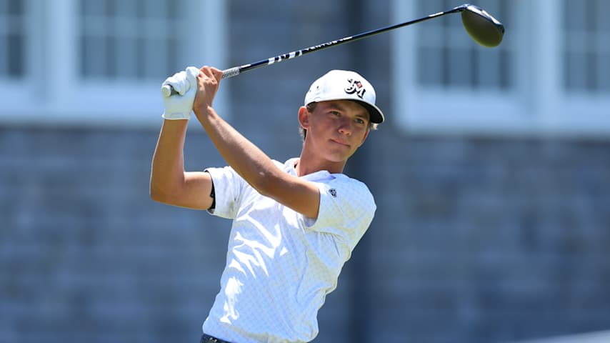 Amateur Miles Russell of the United States tees off during the third round of the 126th U.S. OPEN at Shinnecock Hills Golf Club on June 20, 2026 in Southampton, New York. (David Cannon/Getty Images)
