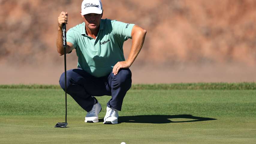 Patton Kizzire of the United States lines up a putt on the third green during the first round of the Bank of Utah Championship 2026 at Black Desert Resort on October 01, 2026 in Ivins, Utah. (Sean M. Haffey/Getty Images)