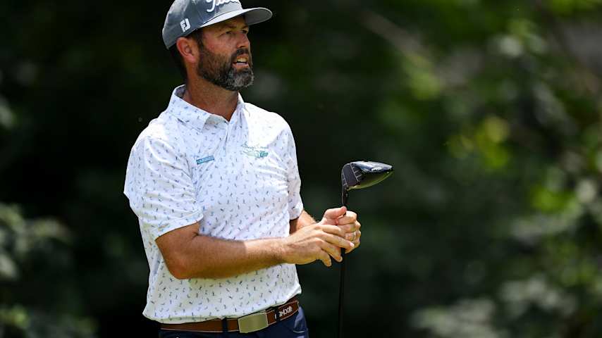 Robert Streb of the United States reacts to a tee shot on the 16th hole during the first round of the ISCO Championship 2026 at Hurstbourne Country Club on July 09, 2026 in Louisville, Kentucky. (Tanner Pearson/Getty Images)