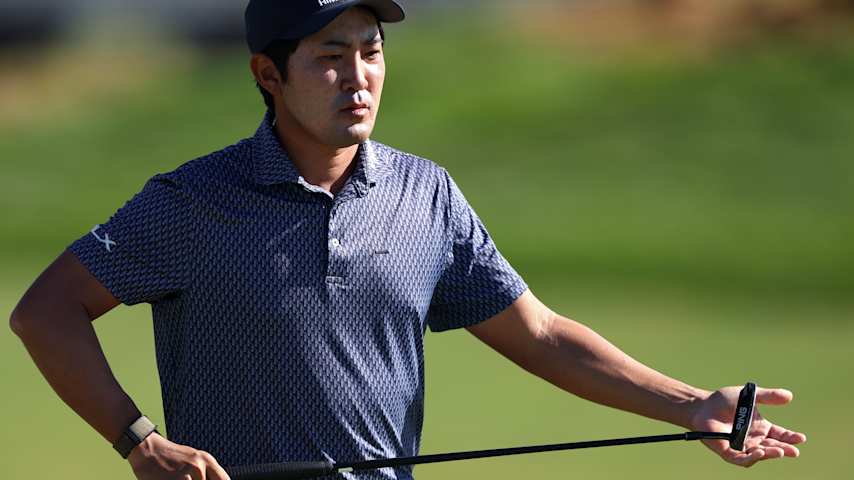 Takumi Kanaya of Japan lines up a putt on the tenth green during the third round of the Bank of Utah Championship 2026 at Black Desert Resort on October 03, 2026 in Ivins, Utah. (Harry How/Getty Images)
