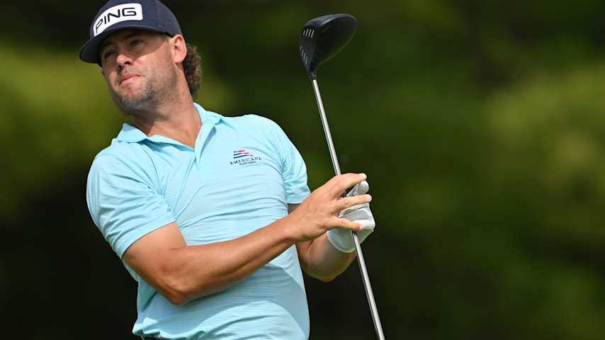 Taylor Moore of the United States plays his shot from the ninth tee during the first round of the RBC Canadian Open 2026 at TPC Toronto at Osprey Valley on June 11, 2026 in Caledon, Ontario. (Minas Panagiotakis/Getty Images)