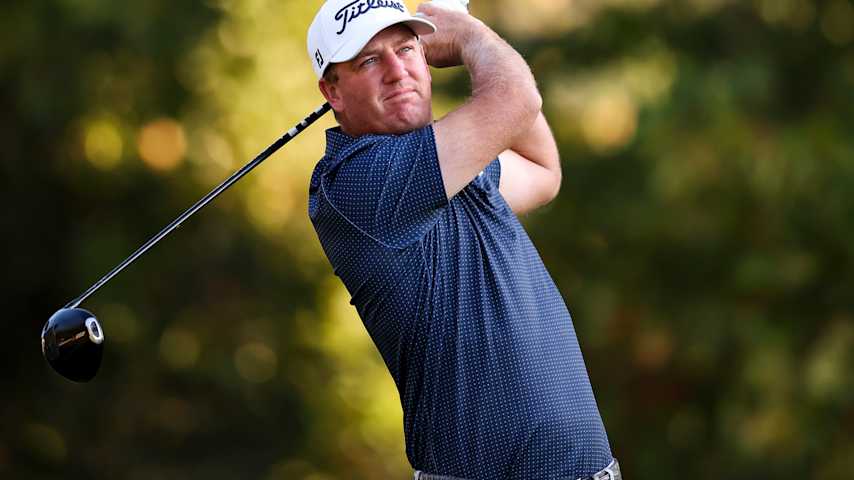 Tom Hoge of the United States hits a tee shot on the 10th hole during the second round of the Biltmore Championship Asheville 2026 at The Cliffs at Walnut Cove on September 18, 2026 in Arden, North Carolina. (David Jensen/Getty Images)