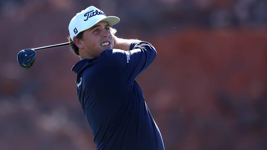 Trace Crowe of the United States plays his shot from the 12th tee during the final round of the Bank of Utah Championship 2026 at Black Desert Resort on October 04, 2026 in Ivins, Utah. (Sean M. Haffey/Getty Images)
