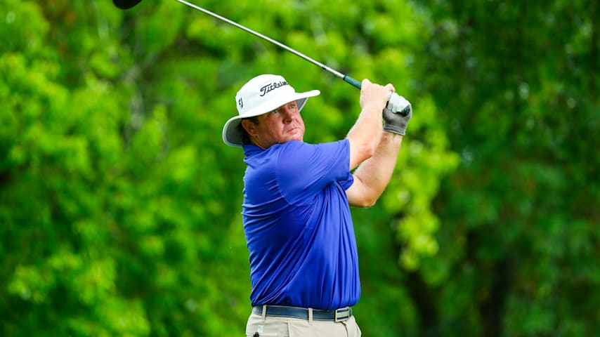 William McGirt of the United States hits his tee shot on the sixteenth hole during the second round of the Price Cutter Charity Championship presented by Hiland Dairy Foods at Highland Springs Country Club on July 18, 2025 in Springfield, Missouri. (Jay Biggerstaff/Getty Images)