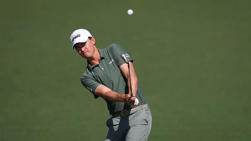 Maverick McNealy of the United States plays a shot on the second hole during the third round of the 2026 Masters Tournament at Augusta National Golf Club on April 11, 2026 in Augusta, Georgia. (Maddie Meyer/Getty Images)