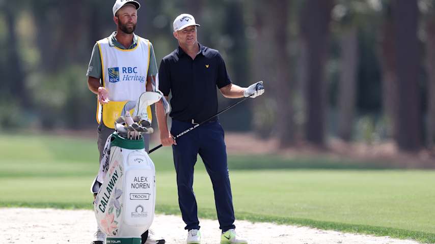 Alex Noren of Sweden prepares to play a shot on the 15th hole with caddie Kyle Morrison during the first round of the RBC Heritage 2026 at Harbour Town Golf Links on April 16, 2026 in Hilton Head Island, South Carolina. (Kevin C. Cox/Getty Images)