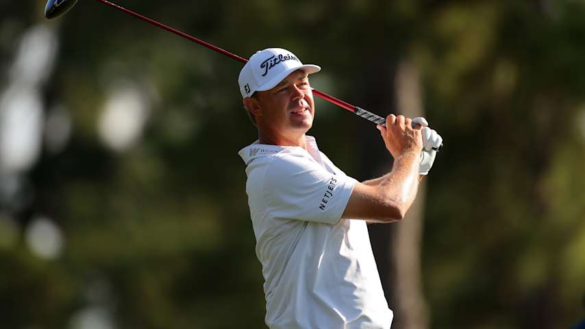 Patton Kizzire of the United States plays a shot from the 14th tee during the second round of the Texas Children's Houston Open 2026 at Memorial Park Golf Course on March 27, 2026 in Houston, Texas. (Jordan Bank/Getty Images)