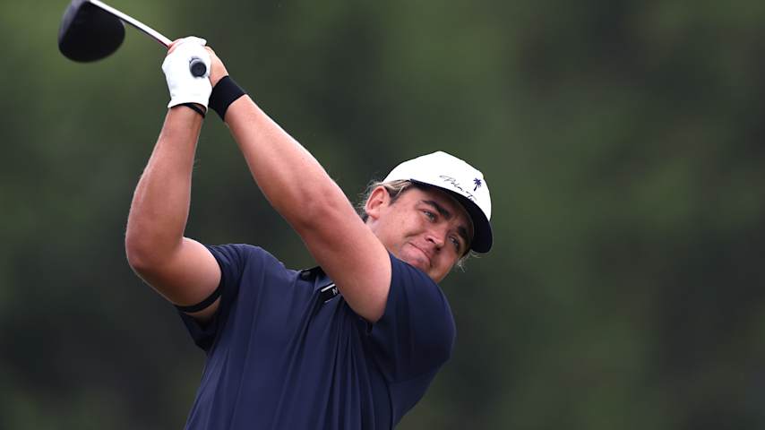 Garrick Higgo of South Africa plays his shot from the 15th tee during the second round of the PGA Championship at Aronimink Golf Club on May 15, 2026 in Newtown, Pennsylvania. (Richard Heathcote/Getty Images)