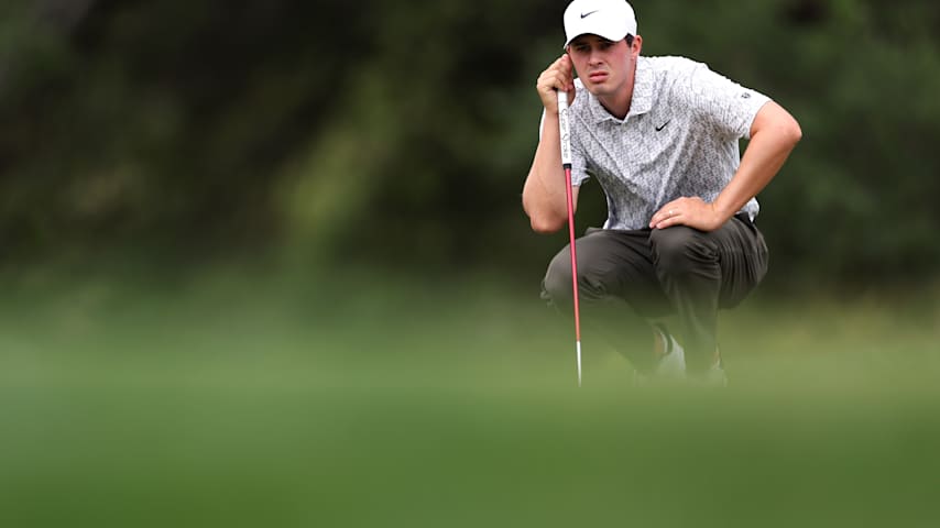 Davis Thompson of the United States lines up a putt on the second green during the third round of the ONEflight Myrtle Beach Classic 2026 at Dunes Golf & Beach Club on May 09, 2026 in Myrtle Beach, South Carolina. (David Jensen/Getty Images)