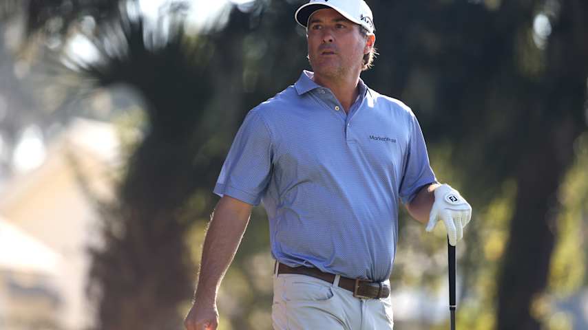 Kevin Kisner of the United States watches his shot from the fifth tee during the first round of The RSM Classic 2025 at Sea Island Resort Plantation Course on November 20, 2025 in St Simons Island, Georgia. (Mike Mulholland/Getty Images)