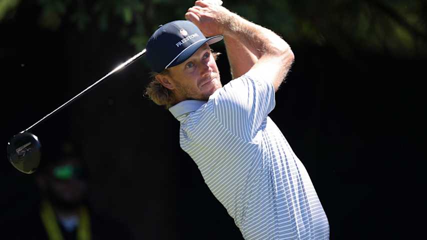 Austin Smotherman of the United States plays his shot from the fourth tee during a practice round prior to the PGA Championship at Aronimink Golf Club on May 12, 2026 in Newtown, Pennsylvania. (Andrew Redington/Getty Images)