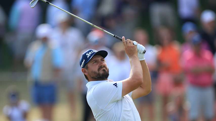 Andrew Novak of the United States hits his second shot on the 18th hole during the third round of the PGA Championship at Aronimink Golf Club on May 16, 2026 in Newtown, Pennsylvania. (David Cannon/Getty Images)