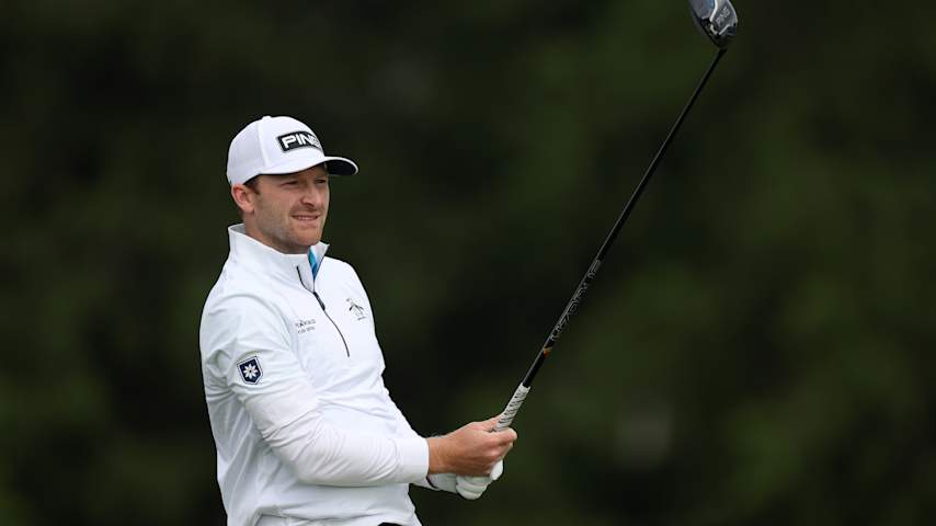 Brian Campbell of the United States plays his shot from the seventh tee during the first round of the PGA Championship at Aronimink Golf Club on May 14, 2026 in Newtown, Pennsylvania. (Andrew Redington/Getty Images)