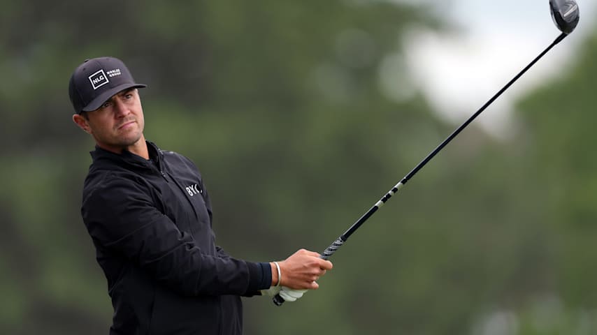 Chandler Blanchet of the United States plays his shot from the 15th tee during the second round of the PGA Championship at Aronimink Golf Club on May 15, 2026 in Newtown, Pennsylvania. (Michael Reaves/Getty Images)