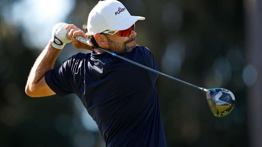 Marcelo Rozo of Colombia hits his tee shot on the 10th hole round of PGA TOUR Q-School presented by Korn Ferry on the Dye's Valley Course at TPC Sawgrass on December 14, 2025 in Ponte Vedra Beach, Florida. (Mike Ehrmann/Getty Images)
