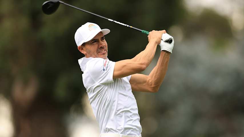 Camilo Villegas of Colombia hits his tee shot on the 8th hole during the first round of the Astara Golf Championship presented by Mastercard 2026 at Country Club de Bogota on February 05, 2026 in Bogota, Colombia. (Buda Mendes/Getty Images)