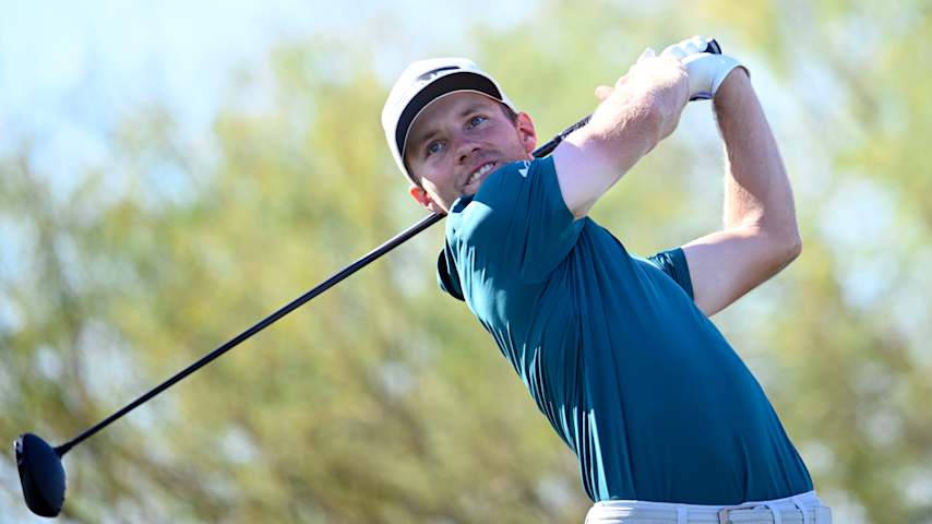Rasmus Neergaard-Petersen of Denmark plays his shot from the 15th tee during the third round of the WM Phoenix Open 2026 at TPC Scottsdale on February 07, 2026 in Scottsdale, Arizona. (Alex Goodlett/Getty Images)