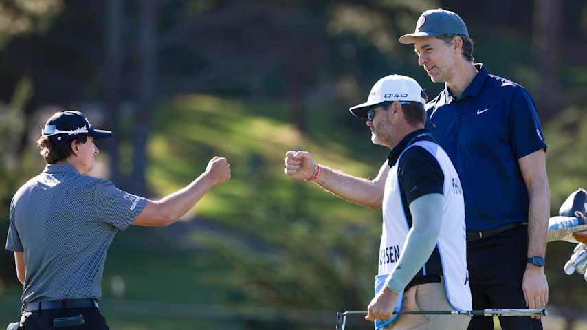 Nico Echavarria of Colombia and celebrate his birdie on the first green with amateur Pau Gasol during the first round of the AT&T Pebble Beach Pro-Am 2026 at Spyglass Hill Golf Course on February 12, 2026 in Pebble Beach, California. (Jed Jacobsohn/Getty Images)