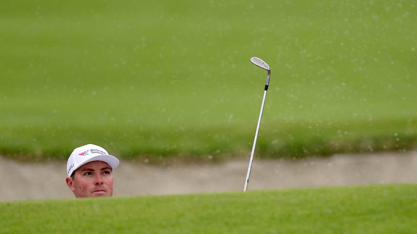 Ben Griffin of the United States plays a shot from a bunker on the first hole during the first round of The Genesis Invitational 2026 at Riviera Country Club on February 19, 2026 in Pacific Palisades, California. (Mike Mulholland/Getty Images)