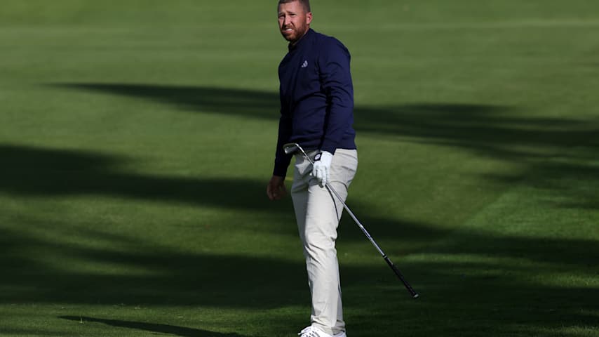 Daniel Berger of the United States reacts to his shot on the second hole during the first round of The Genesis Invitational 2026 at Riviera Country Club on February 19, 2026 in Pacific Palisades, California. (Ronald Martinez/Getty Images)