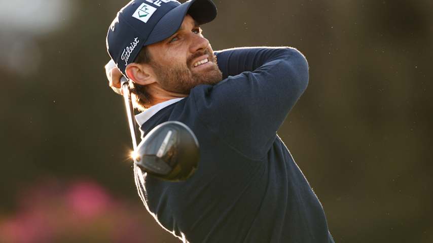 Patrick Rodgers of the United States plays his shot from the 17th tee during the second round of The Genesis Invitational 2026 at Riviera Country Club on February 20, 2026 in Pacific Palisades, California. (Mike Mulholland/Getty Images)