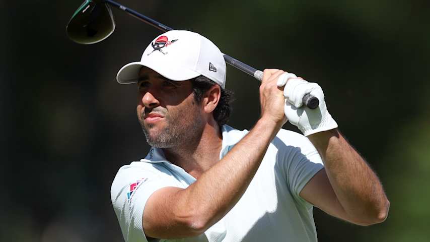 Adrian Otaegui of United Arab Emirates tees off on the ninth hole on day two of the Soudal Open 2026 at Rinkven International GC on May 22, 2026 in Antwerp, Belgium. (Warren Little/Getty Images)