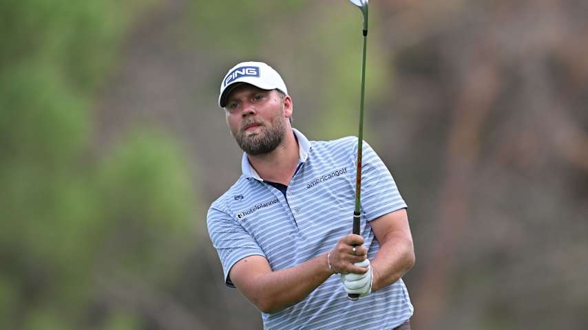Dan Brown of England plays his approach shot on the 15th hole on day three of the Open de España presented by Madrid 2025 at Club de Campo Villa de Madrid on October 11, 2025 in Madrid, Spain. (Stuart Franklin/Getty Images)