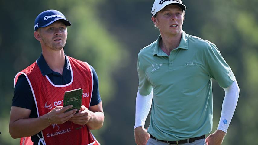 Ryggs Johnston of the United States prepares to play his second shot on the 10th hole with his caddie on day two of the DS Automobiles 83rd Open d'Italia 2026 at Circolo Golf Torino on June 26, 2026 in Turin, Italy. (Stuart Franklin/Getty Images)