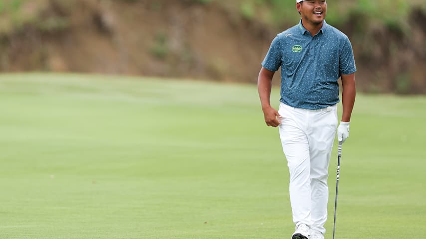 Si Woo Kim of South Korea reacts to a shot hit by Sungjae Im of South Korea (not pictured) on the fifth hole during the third round of THE CJ CUP Byron Nelson 2026 at TPC Craig Ranch on May 23, 2026 in McKinney, Texas. (Mike Mulholland/Getty Images for The CJ Cup)