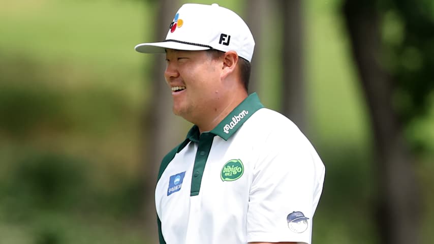 (EDITOR'S NOTE: This image was sent with alternate crop.) Sungjae Im of the Republic of Korea reacts after making eagle on the ninth green during the second round of THE CJ CUP Byron Nelson 2026 at TPC Craig Ranch on May 22, 2026 in McKinney, Texas. (Stacy Revere/Getty Images)