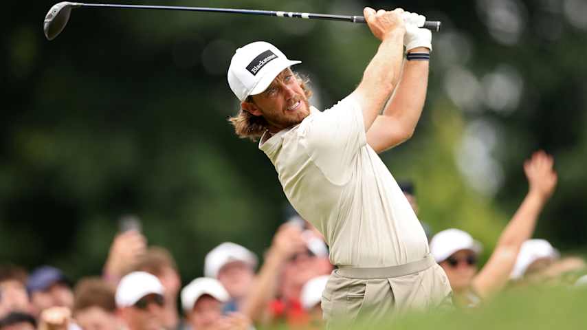 Tommy Fleetwood of England plays a shot from the first tee during the third round of the Travelers Championship 2026 at TPC River Highlands on June 27, 2026 in Cromwell, Connecticut. (Jordan Bank/Getty Images)
