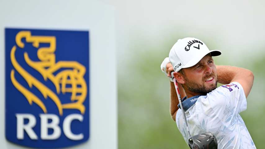 Adam Svensson of Canada plays his shot from the ninth tee during the first round of the RBC Canadian Open 2026 at TPC Toronto at Osprey Valley on June 11, 2026 in Caledon, Ontario. (Minas Panagiotakis/Getty Images)
