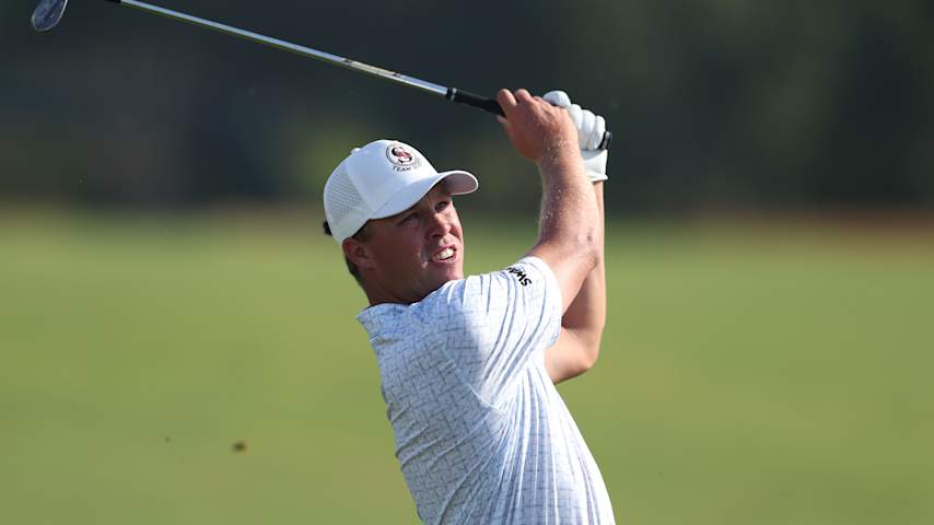 Nick Hardy of the United States plays a shot on the third hole during the first round of the 126th U.S. OPEN at Shinnecock Hills Golf Club on June 18, 2026 in Southampton, New York. (Christian Petersen/Getty Images)