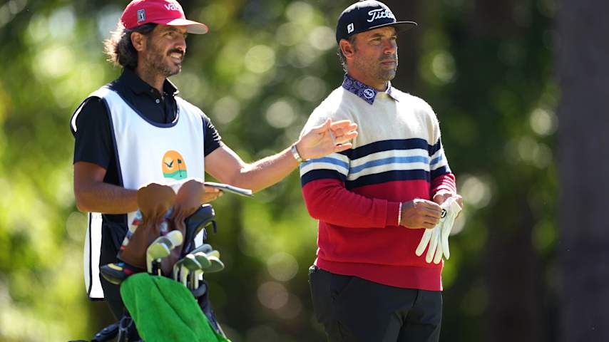 Rafael Campos of Puerto Rico prepares to play a shot from the 14th tee with caddie Rafael Guerrero during the second round of the ONEflight Myrtle Beach Classic 2026 at Dunes Golf & Beach Club on May 08, 2026 in Myrtle Beach, South Carolina. (Raj Mehta/Getty Images)